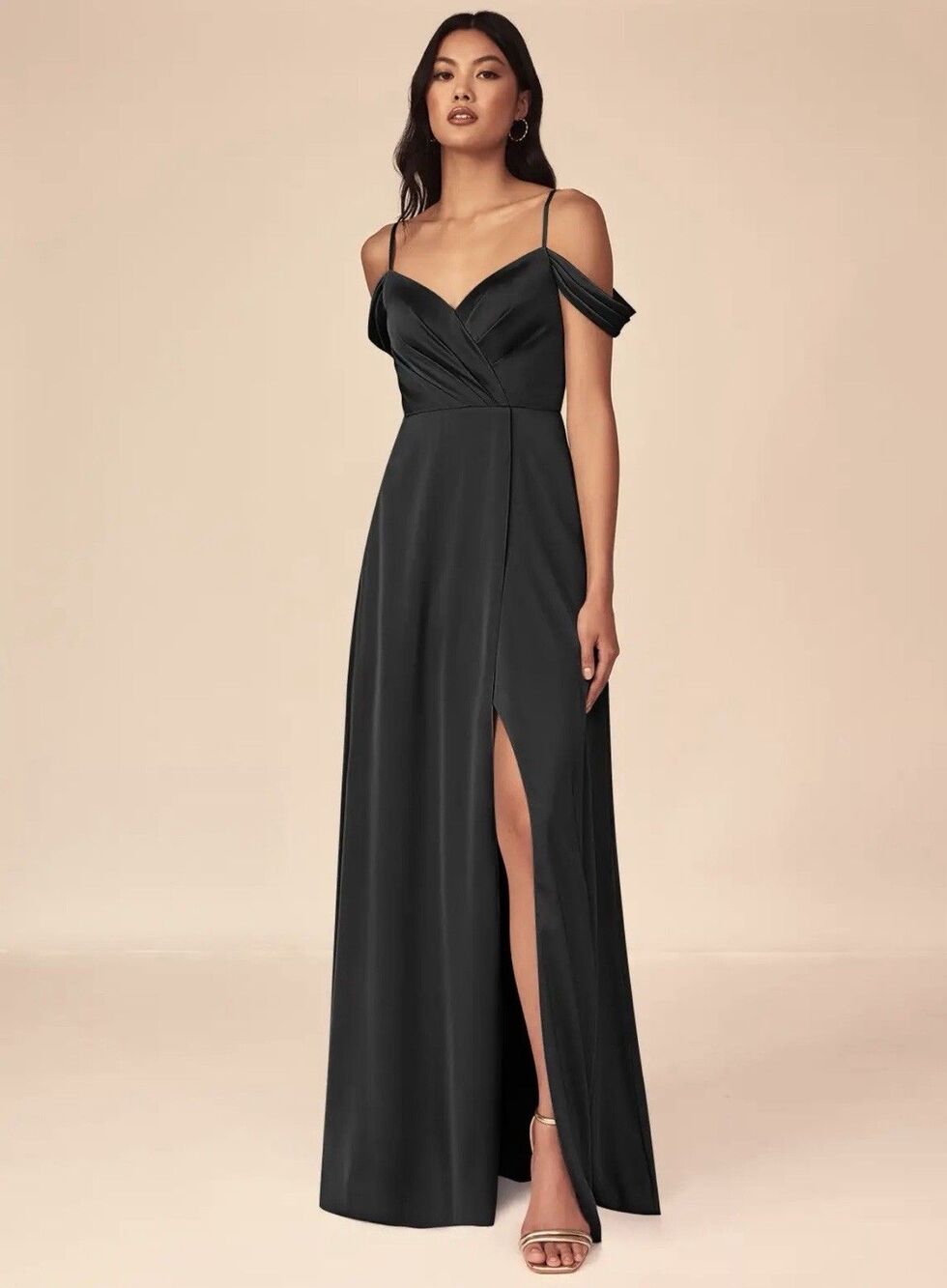 Azazie Ocean Black Bridesmaid Dress A18 Wrap V Neck Off Shoulder Maxi Gown Slit